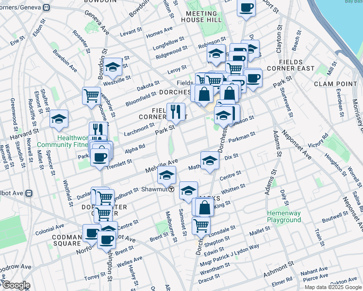 map of restaurants, bars, coffee shops, grocery stores, and more near 50 Wellesley Park in Boston