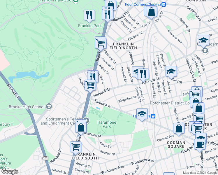 map of restaurants, bars, coffee shops, grocery stores, and more near 210 Harvard Street in Boston