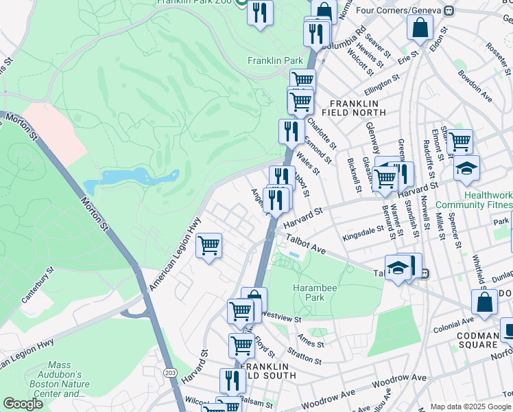 map of restaurants, bars, coffee shops, grocery stores, and more near 19 Shandon Road in Boston