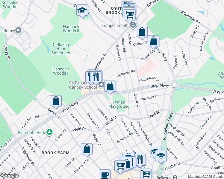 map of restaurants, bars, coffee shops, grocery stores, and more near 549 VFW Parkway in Boston