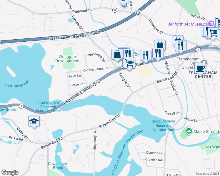 map of restaurants, bars, coffee shops, grocery stores, and more near 9 Reservoir Ridge in Framingham