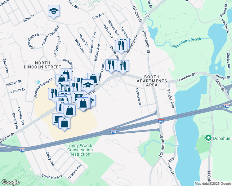 map of restaurants, bars, coffee shops, grocery stores, and more near 30 Oriol Drive in Worcester