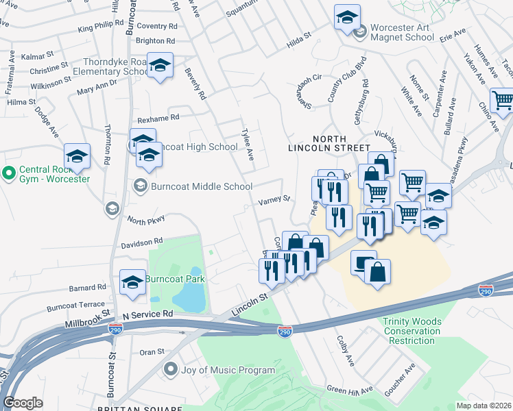 map of restaurants, bars, coffee shops, grocery stores, and more near 9 Kelley Street in Worcester