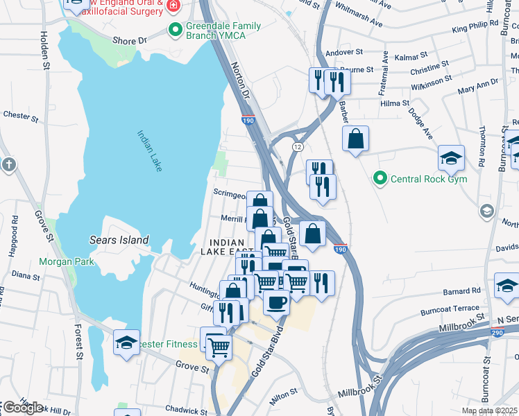 map of restaurants, bars, coffee shops, grocery stores, and more near 3 Merrill Road in Worcester