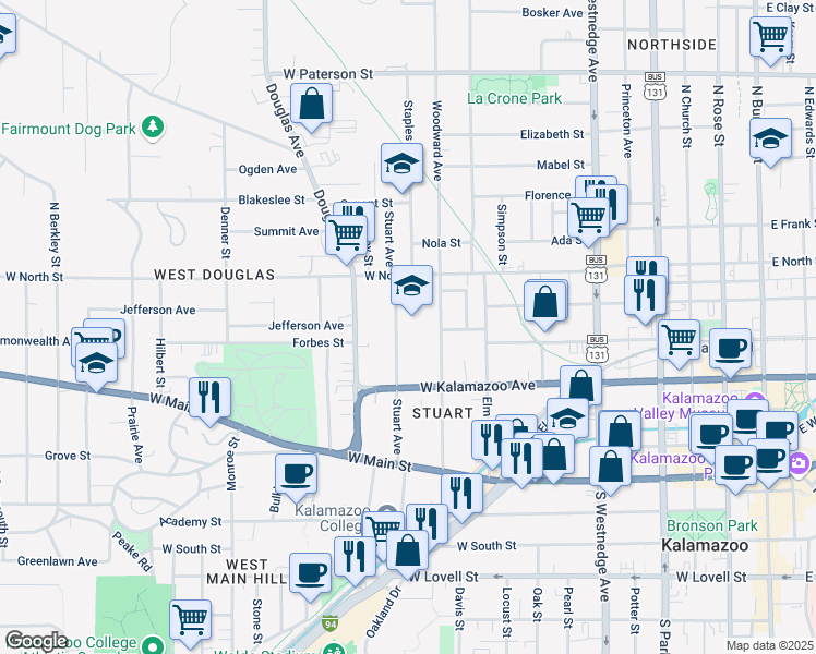 map of restaurants, bars, coffee shops, grocery stores, and more near 436 Stuart Avenue in Kalamazoo