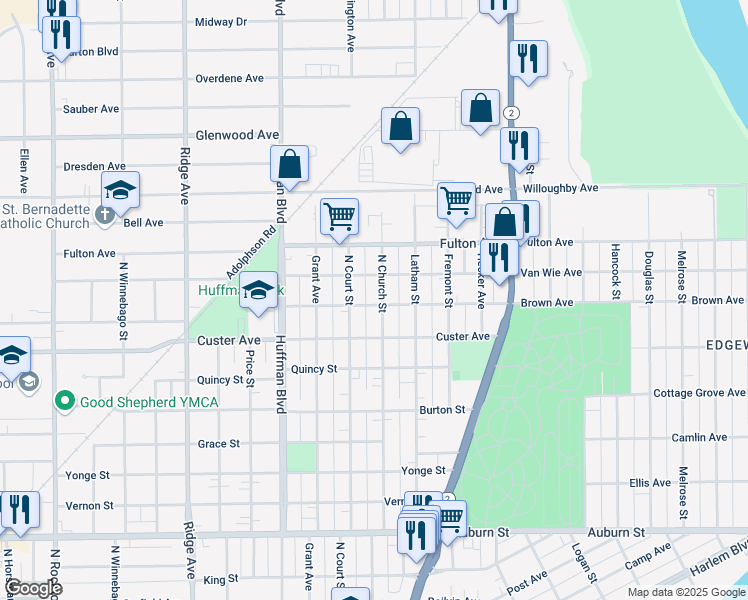 map of restaurants, bars, coffee shops, grocery stores, and more near 1518 Brown Avenue in Rockford