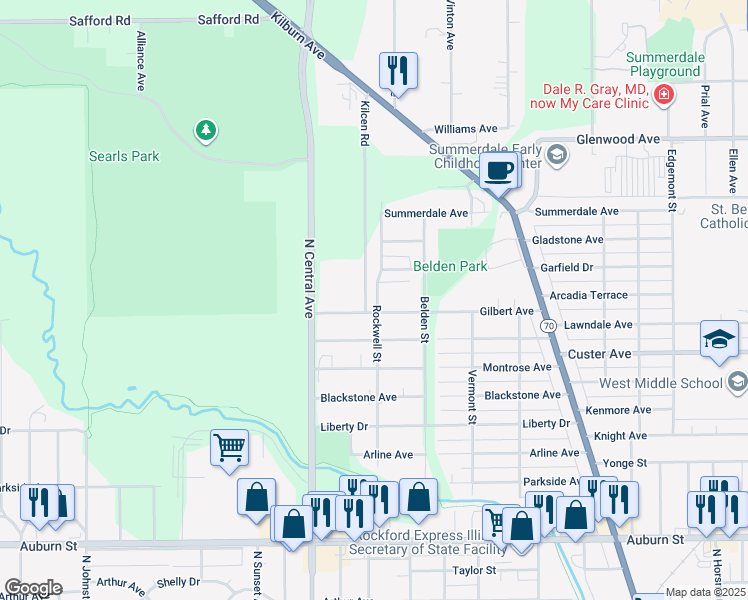 map of restaurants, bars, coffee shops, grocery stores, and more near 2206 Rockwell Street in Rockford