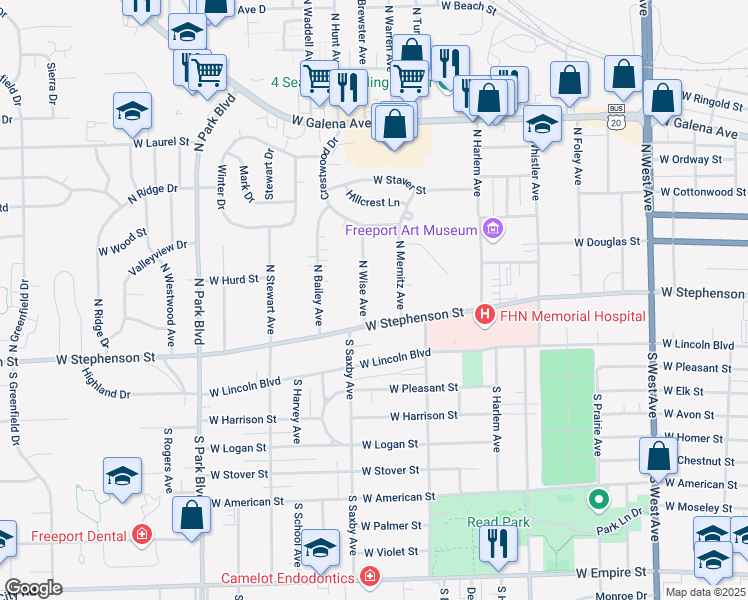 map of restaurants, bars, coffee shops, grocery stores, and more near 1274 West Stephenson Street in Freeport