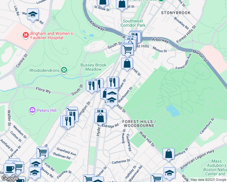 map of restaurants, bars, coffee shops, grocery stores, and more near 6 Walk Hill Street in Boston