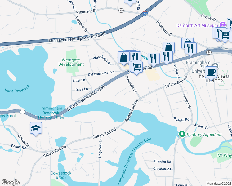 map of restaurants, bars, coffee shops, grocery stores, and more near 14 Temple Street in Framingham