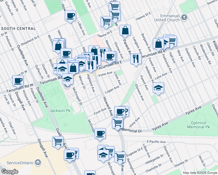 map of restaurants, bars, coffee shops, grocery stores, and more near 579 Logan Avenue in Windsor