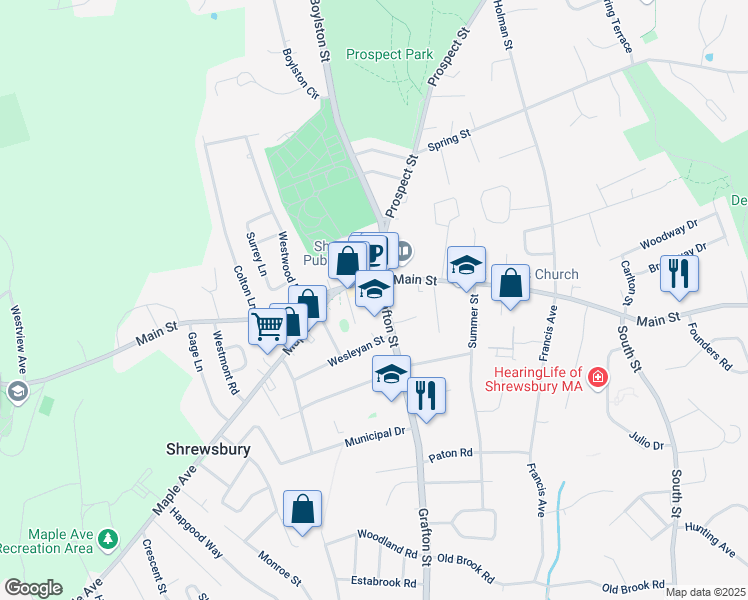 map of restaurants, bars, coffee shops, grocery stores, and more near in Shrewsbury