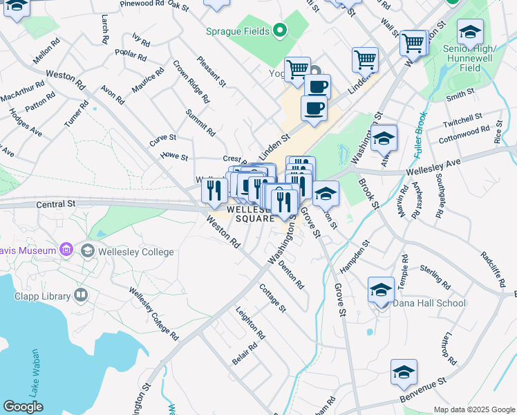 map of restaurants, bars, coffee shops, grocery stores, and more near in Wellesley