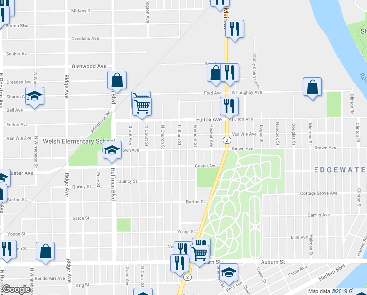 map of restaurants, bars, coffee shops, grocery stores, and more near 2203 Latham Street in Rockford