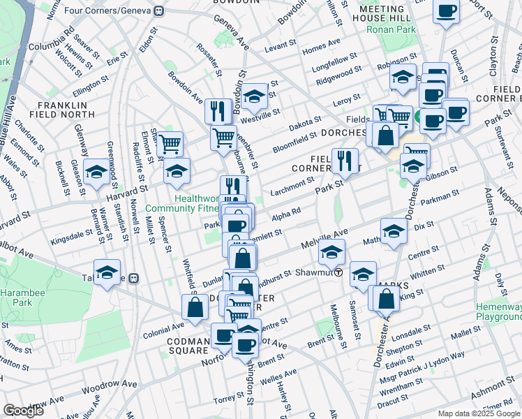 map of restaurants, bars, coffee shops, grocery stores, and more near 115 Greenbrier Street in Boston