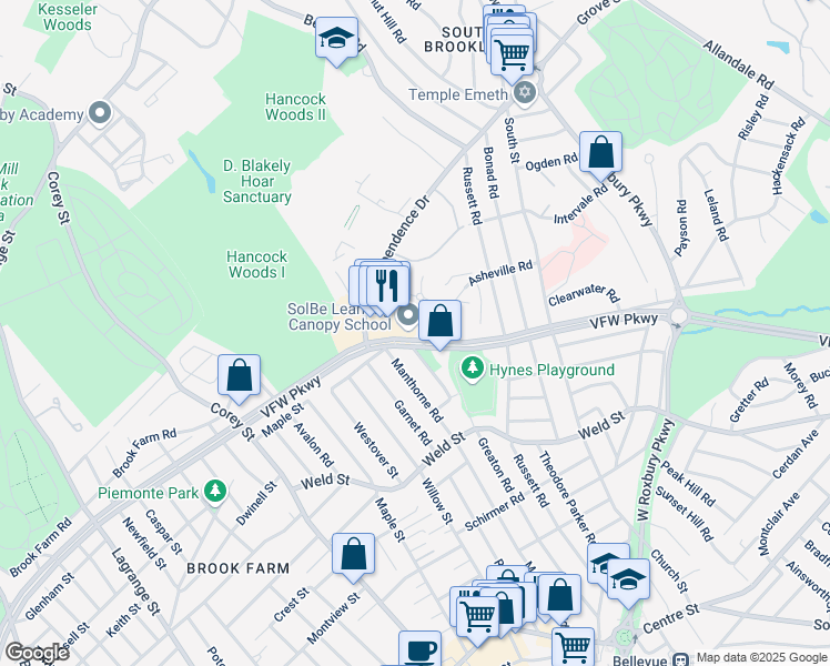 map of restaurants, bars, coffee shops, grocery stores, and more near 623 Veterans of Foreign Wars Parkway in Boston