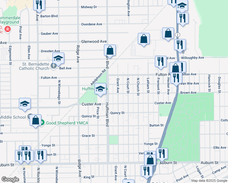 map of restaurants, bars, coffee shops, grocery stores, and more near 2121 Huffman Boulevard in Rockford