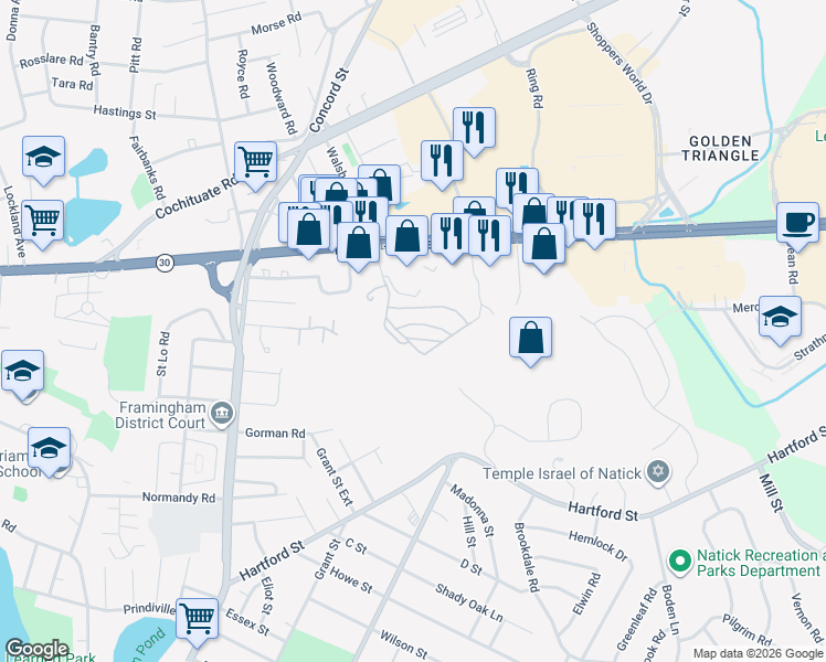 map of restaurants, bars, coffee shops, grocery stores, and more near 50 Dinsmore Avenue in Framingham