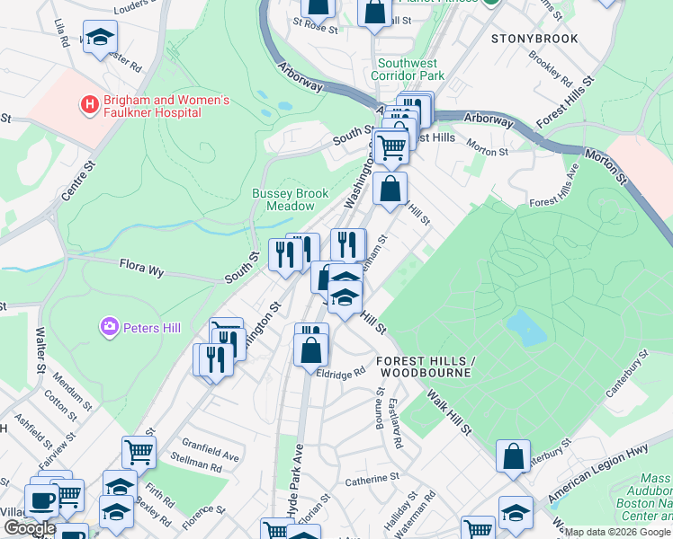 map of restaurants, bars, coffee shops, grocery stores, and more near 143-171 Hyde Park Avenue in Boston