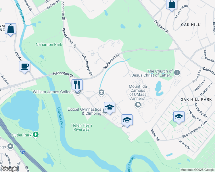 map of restaurants, bars, coffee shops, grocery stores, and more near 199 Wells Avenue in Newton