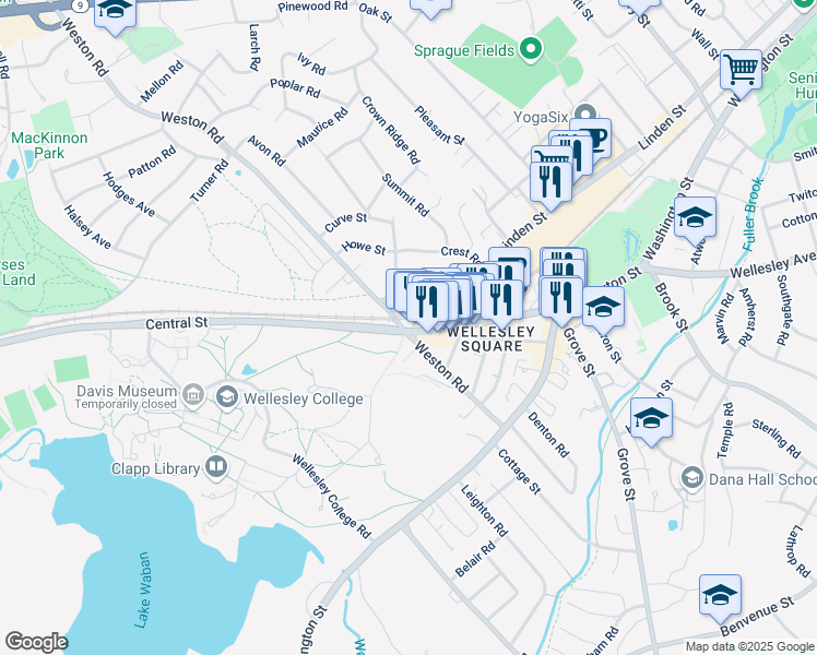 map of restaurants, bars, coffee shops, grocery stores, and more near 103 Massachusetts 135 in Wellesley
