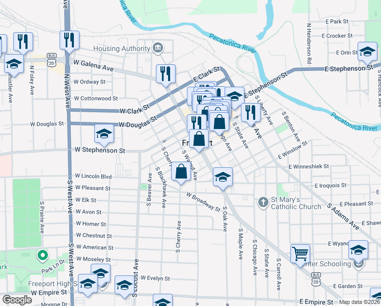 map of restaurants, bars, coffee shops, grocery stores, and more near 303 West Spring Street in Freeport