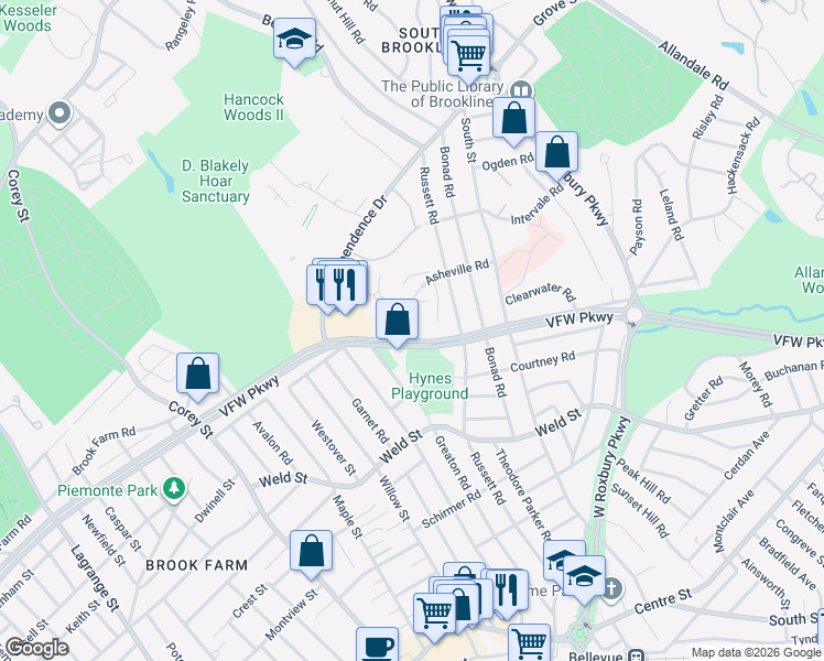 map of restaurants, bars, coffee shops, grocery stores, and more near 549 VFW Parkway in Boston