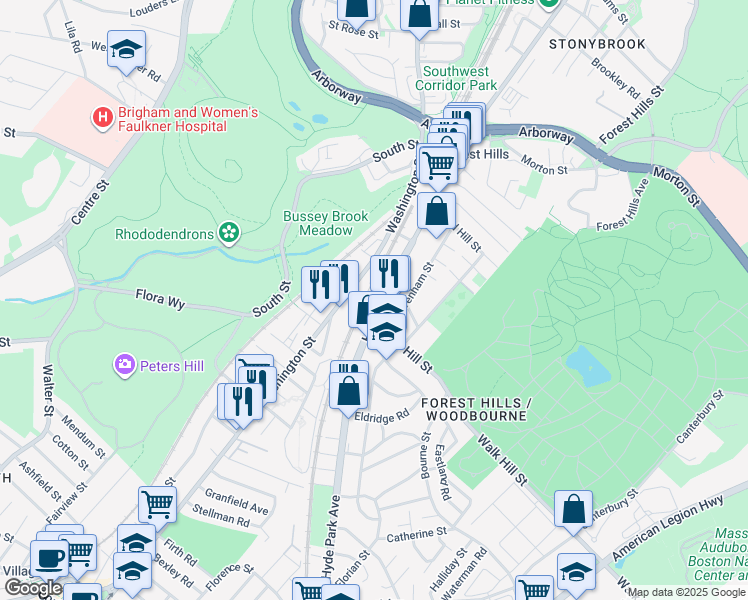 map of restaurants, bars, coffee shops, grocery stores, and more near 157 Hyde Park Avenue in Boston