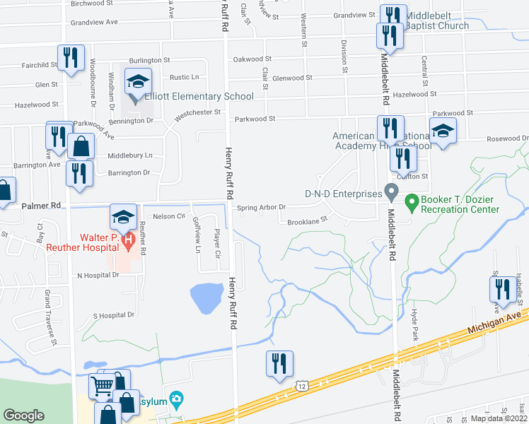 map of restaurants, bars, coffee shops, grocery stores, and more near 30121 Spring Arbor Drive in Inkster