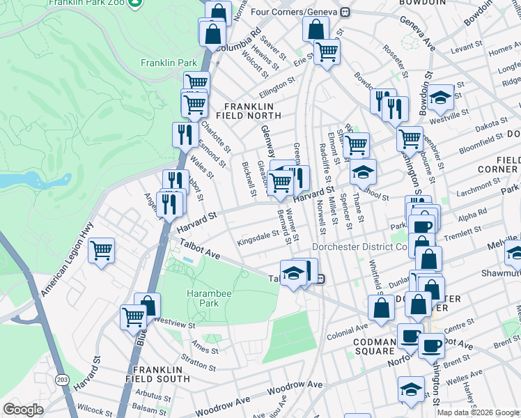 map of restaurants, bars, coffee shops, grocery stores, and more near 25 Nightingale Street in Boston