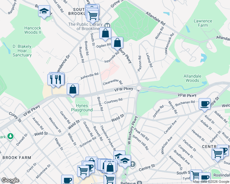 map of restaurants, bars, coffee shops, grocery stores, and more near 7 Hollywood Road in Boston