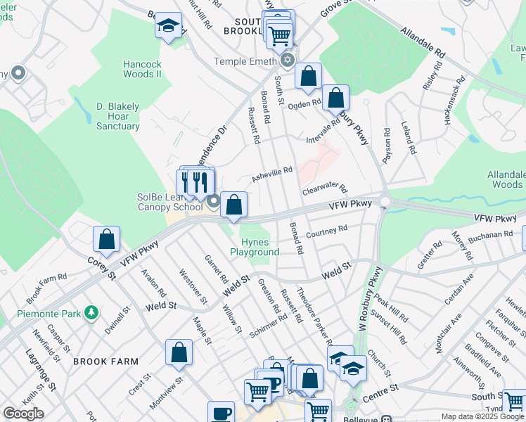 map of restaurants, bars, coffee shops, grocery stores, and more near 454 VFW Parkway in Brookline