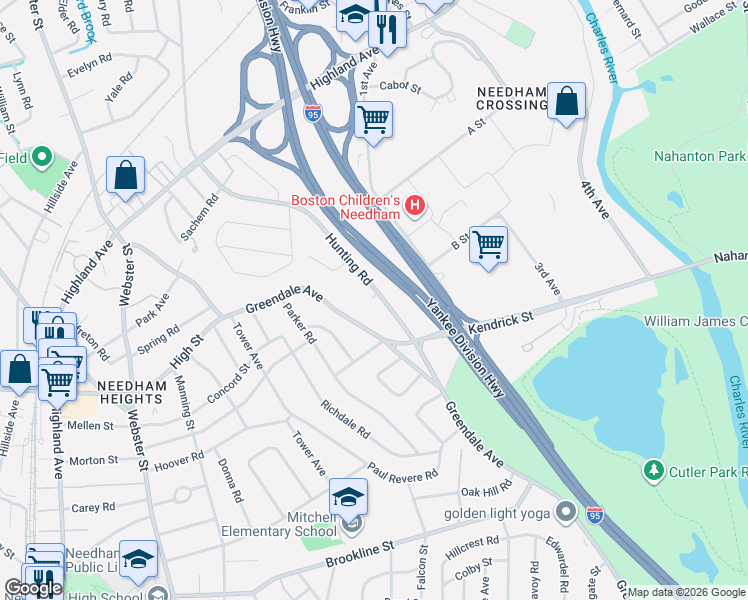 map of restaurants, bars, coffee shops, grocery stores, and more near 264 Greendale Avenue in Needham