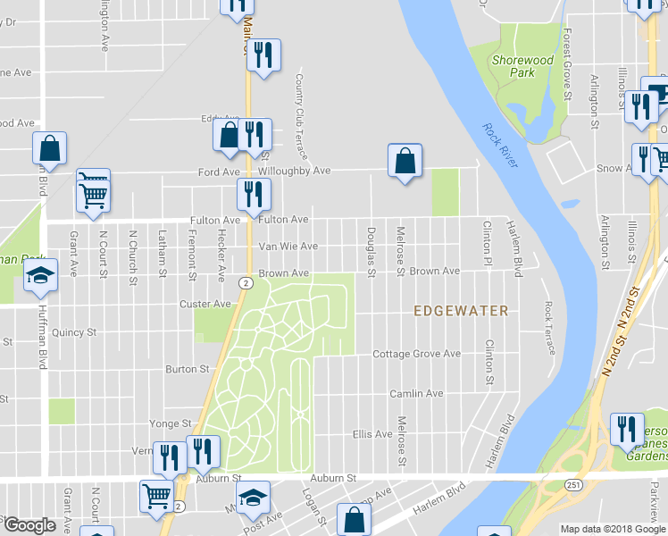 map of restaurants, bars, coffee shops, grocery stores, and more near 2202 Hancock Street in Rockford