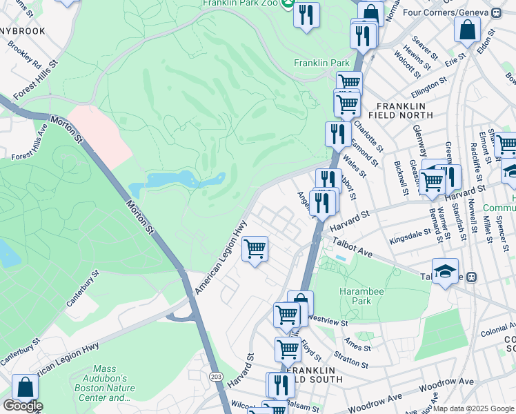 map of restaurants, bars, coffee shops, grocery stores, and more near 101 Shandon Road in Boston
