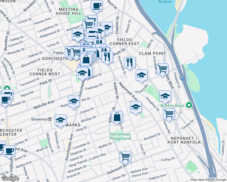 map of restaurants, bars, coffee shops, grocery stores, and more near 393 Adams Street in Boston