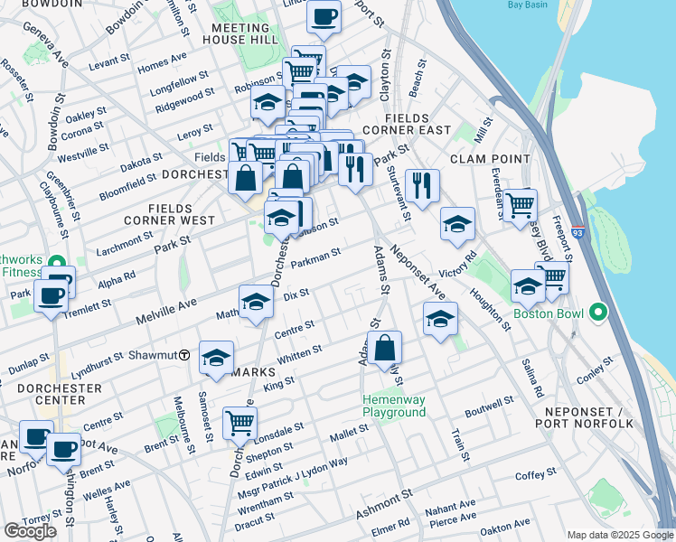 map of restaurants, bars, coffee shops, grocery stores, and more near 77 Dix Street in Boston