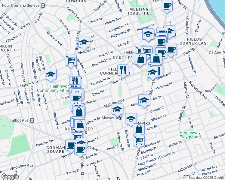 map of restaurants, bars, coffee shops, grocery stores, and more near 17 Waldeck Street in Boston