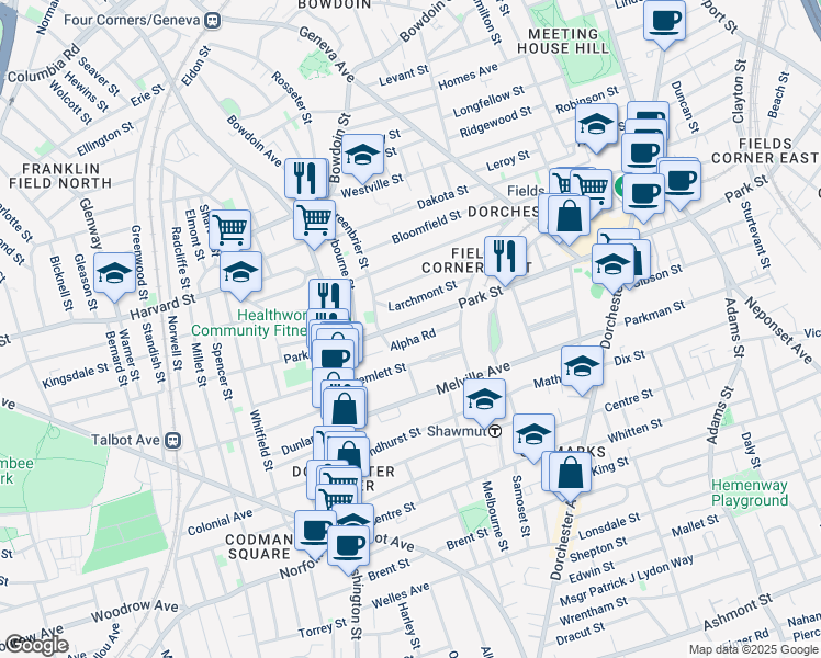 map of restaurants, bars, coffee shops, grocery stores, and more near 34 Tremlett Street in Boston