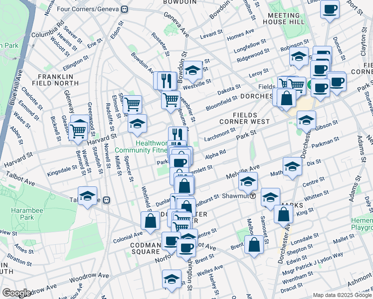 map of restaurants, bars, coffee shops, grocery stores, and more near 22 Regina Road in Boston