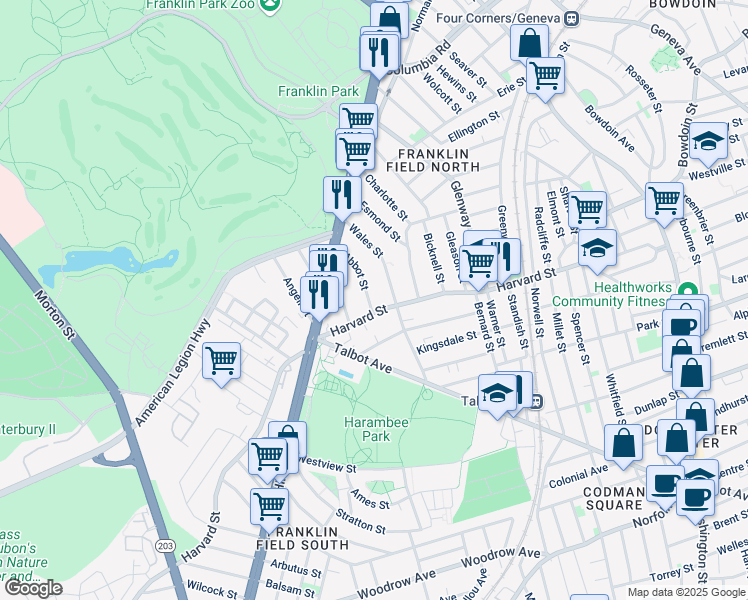 map of restaurants, bars, coffee shops, grocery stores, and more near 210 Harvard Street in Boston