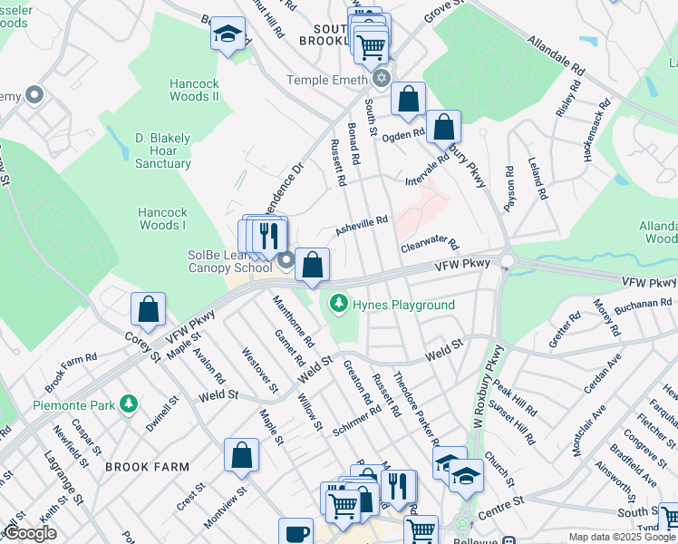 map of restaurants, bars, coffee shops, grocery stores, and more near 549 VFW Parkway in Boston