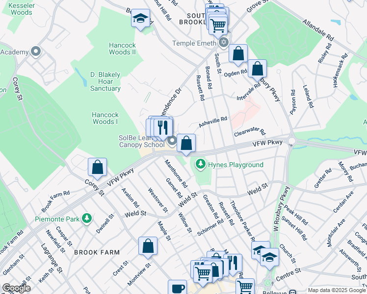 map of restaurants, bars, coffee shops, grocery stores, and more near in 