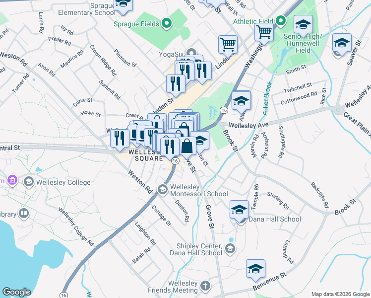 map of restaurants, bars, coffee shops, grocery stores, and more near 40 Grove Street in Wellesley