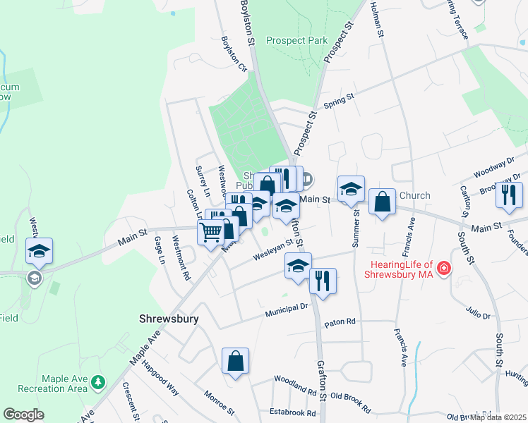 map of restaurants, bars, coffee shops, grocery stores, and more near 12 Chase Terrace in Shrewsbury