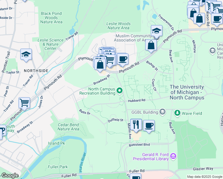 map of restaurants, bars, coffee shops, grocery stores, and more near 1756 Broadway Street in Ann Arbor