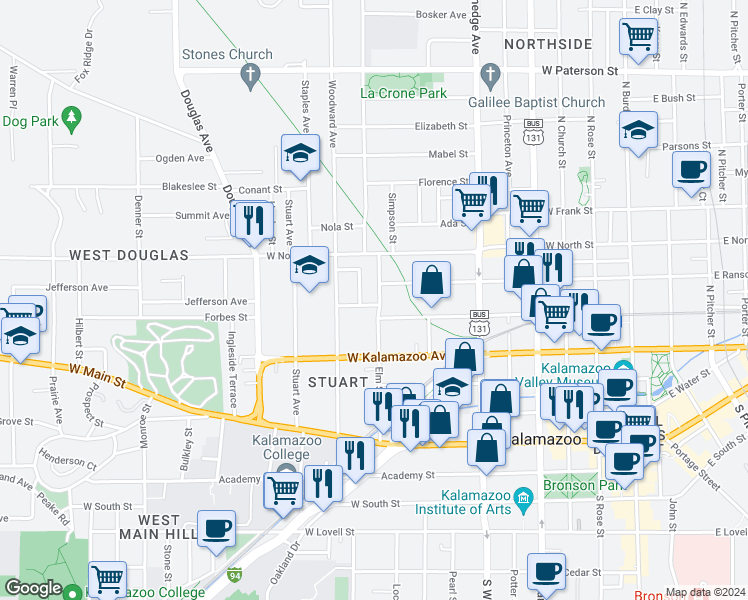 map of restaurants, bars, coffee shops, grocery stores, and more near 501 Elm Street in Kalamazoo