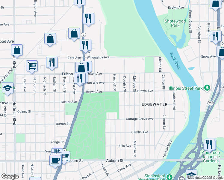 map of restaurants, bars, coffee shops, grocery stores, and more near 2202 Hancock Street in Rockford