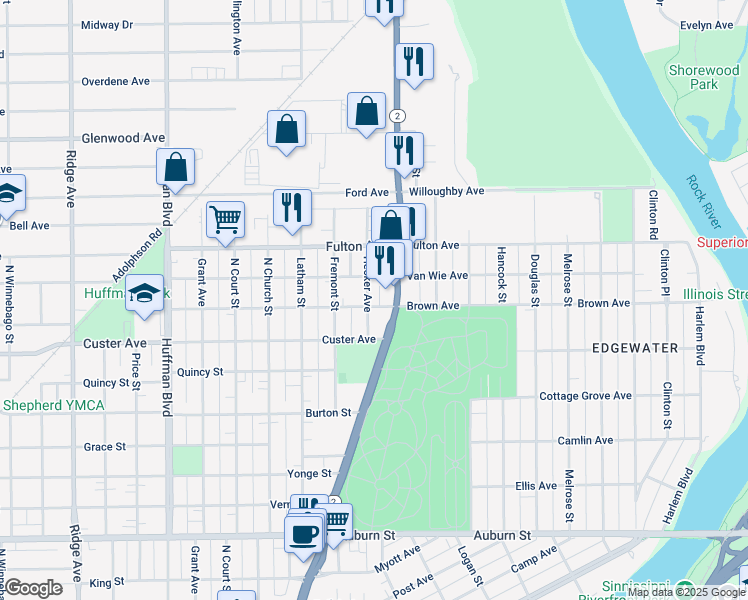 map of restaurants, bars, coffee shops, grocery stores, and more near 2126 North Main Street in Rockford