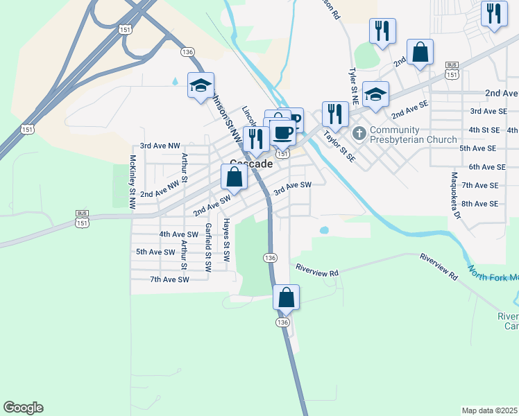 map of restaurants, bars, coffee shops, grocery stores, and more near 310 Johnson Street Southwest in Cascade